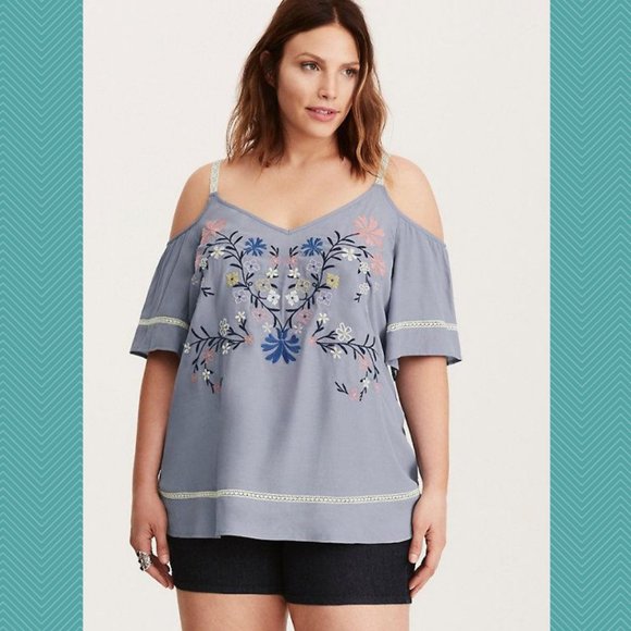 torrid Tops - Torrid Blue Floral Embroidered Cold Shoulder Top